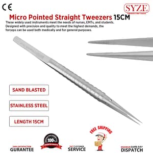Dental Micro Pointed Tweezers Straight 15CM Precision Micro Surgery Tools SYZE