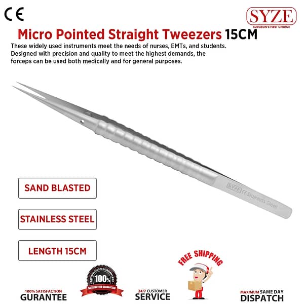 Dental Micro Pointed Tweezers Straight 15CM Precision Micro Surgery Tools SYZE